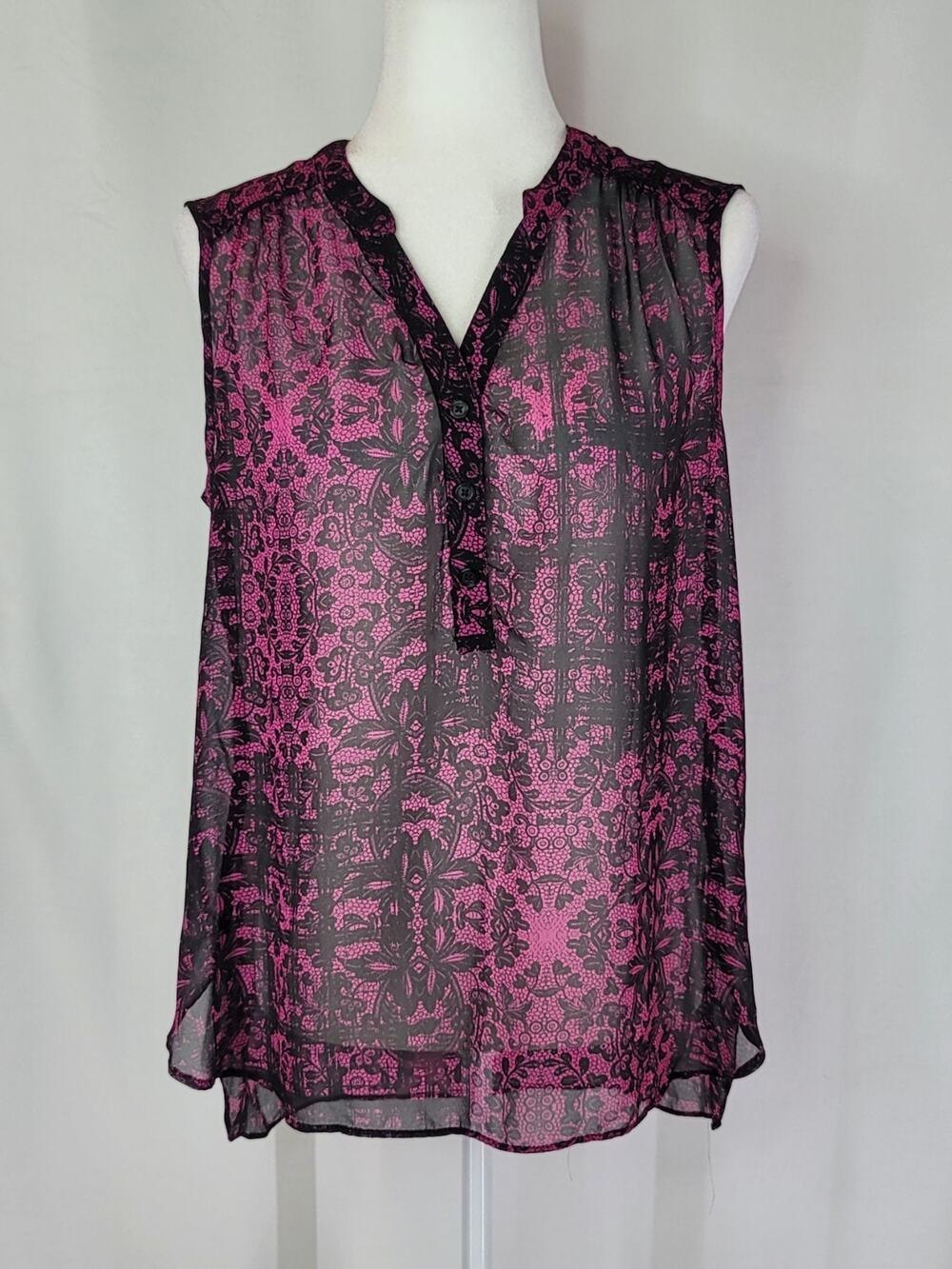 Sheer A.N.A. A New Approach Magenta Black Short Sleeve Hi-Low Blouse Top Size L